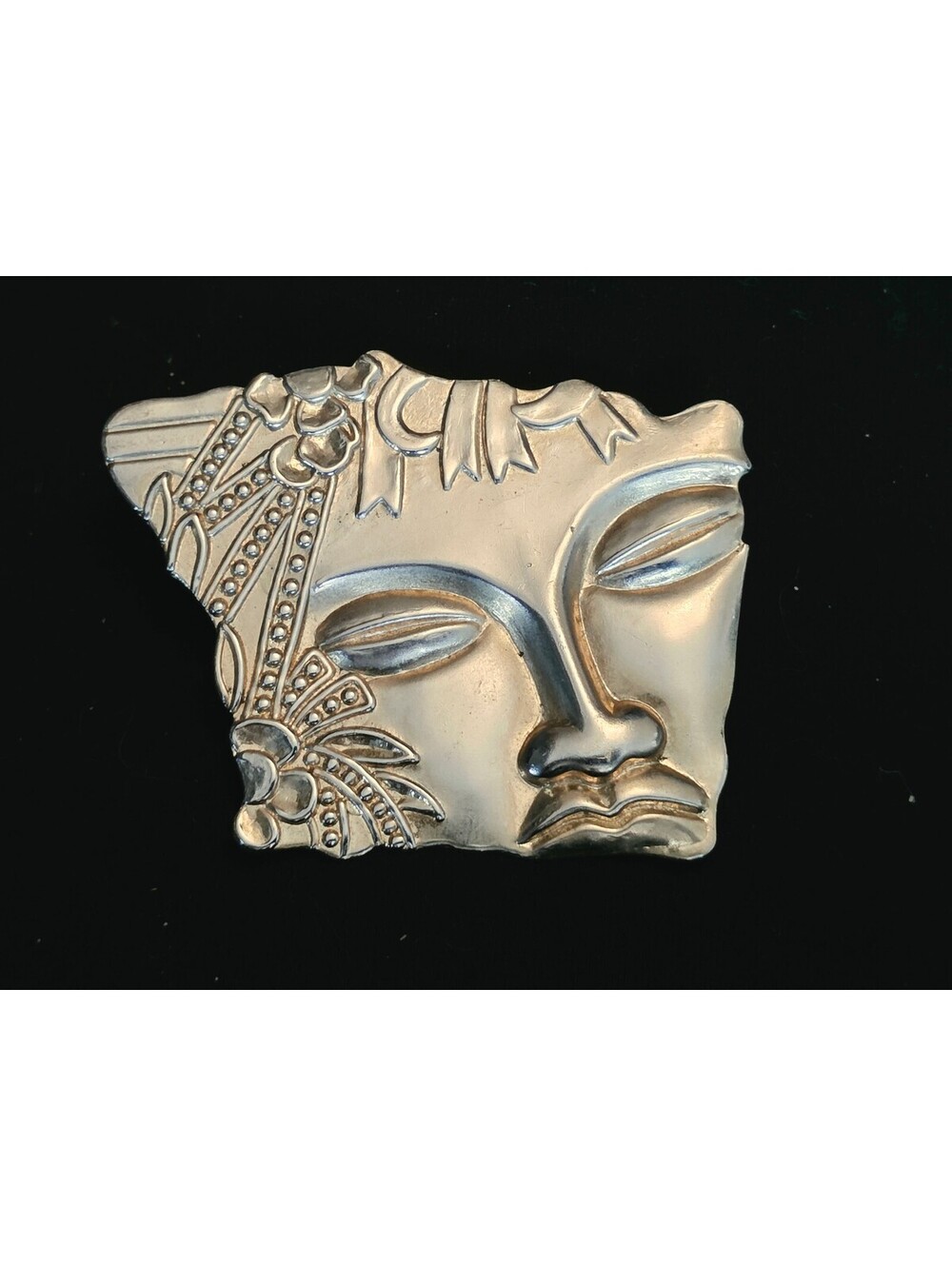 Vintage Art Deco Style Gold Tone Mask Face Statement Brooch